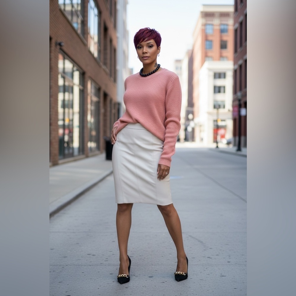 Elegant Cream Pencil Skirt and Lace up sweater Vtg both in excellent condition☑️